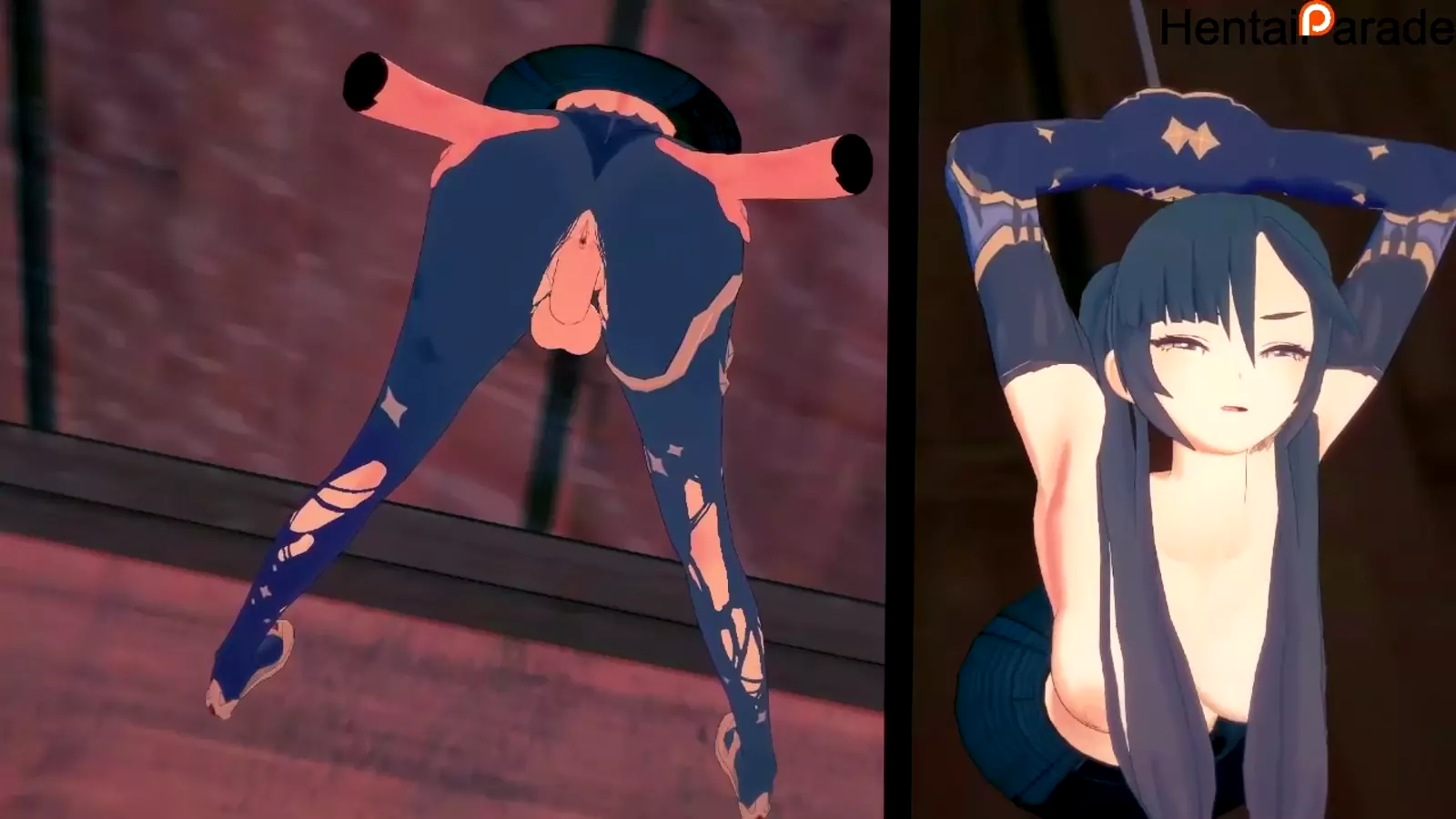 A woman transforming into hentai character in her leggings